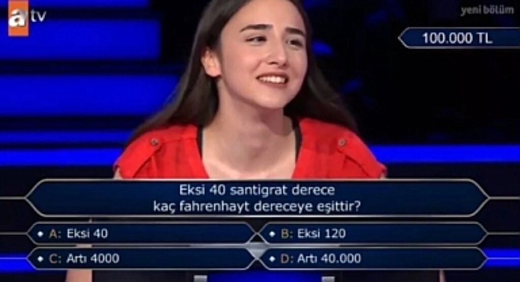 Kim Milyoner Olmak İster? 15 Ağustos Bölümünde 100 Bin TL'lik Soru: Eksi 40 Santigrat Derece Kaç Fahrenheit Dereceye Eşittir?